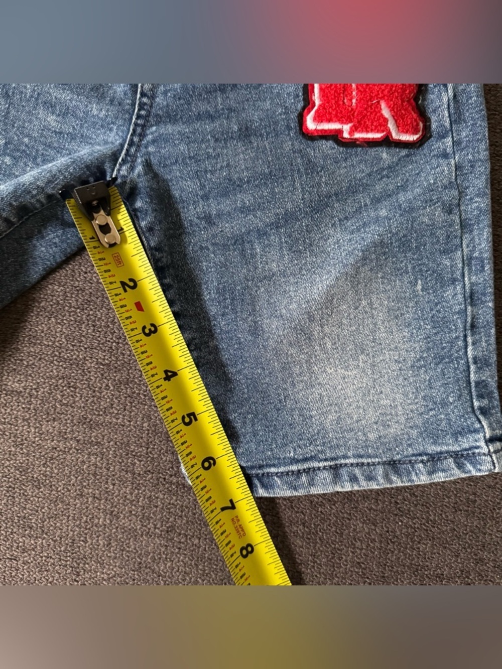 True Religion Blue Denim Jean Shorts Horseshoe Pocket Red TR logo appliqué M 10 - Picture 6 of 11